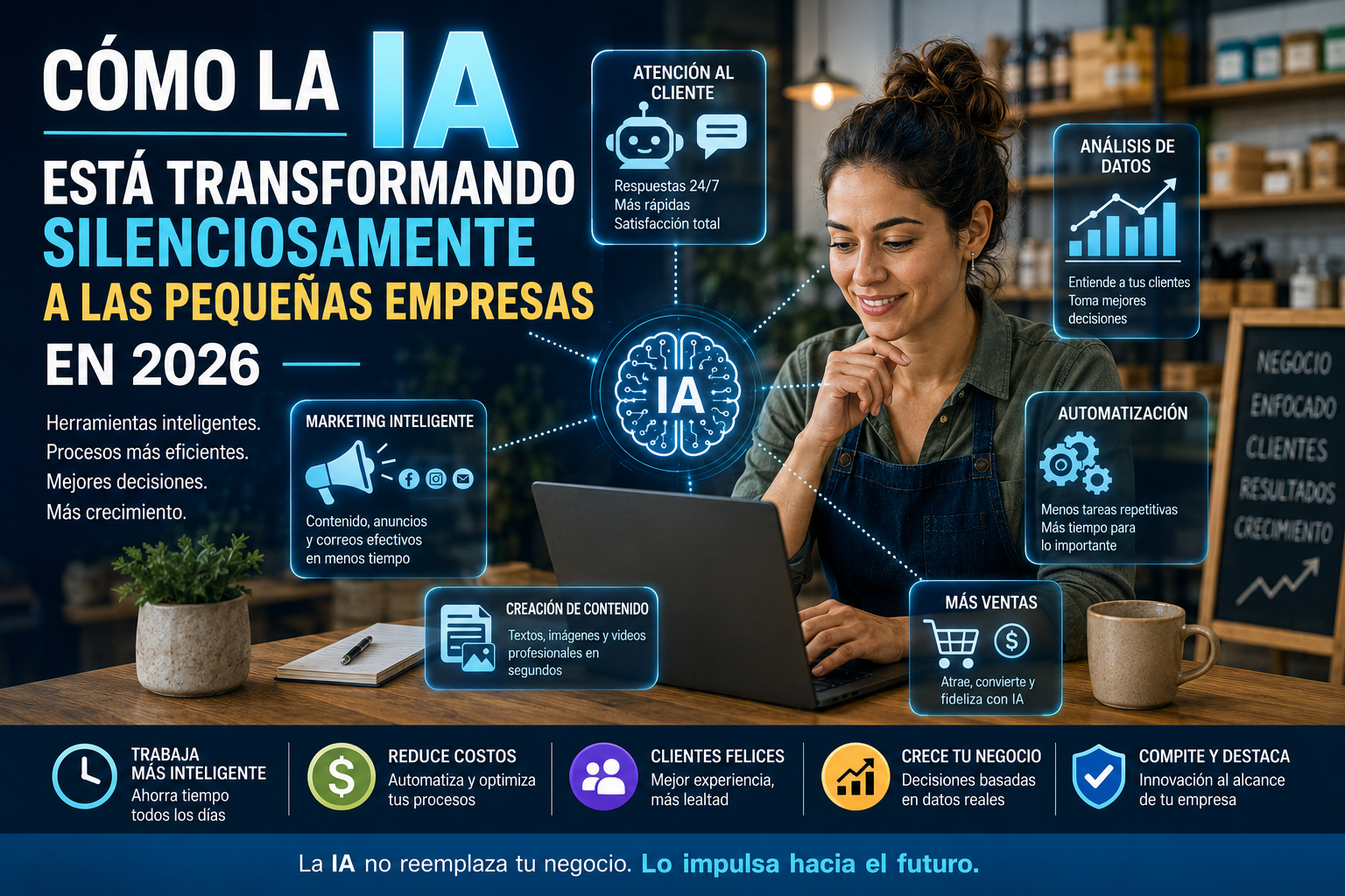 Propietario de una pequeña empresa utilizando herramientas de inteligencia artificial en una computadora portátil mientras aparecen elementos de automatización, marketing, análisis, atención al cliente y tecnología empresarial.