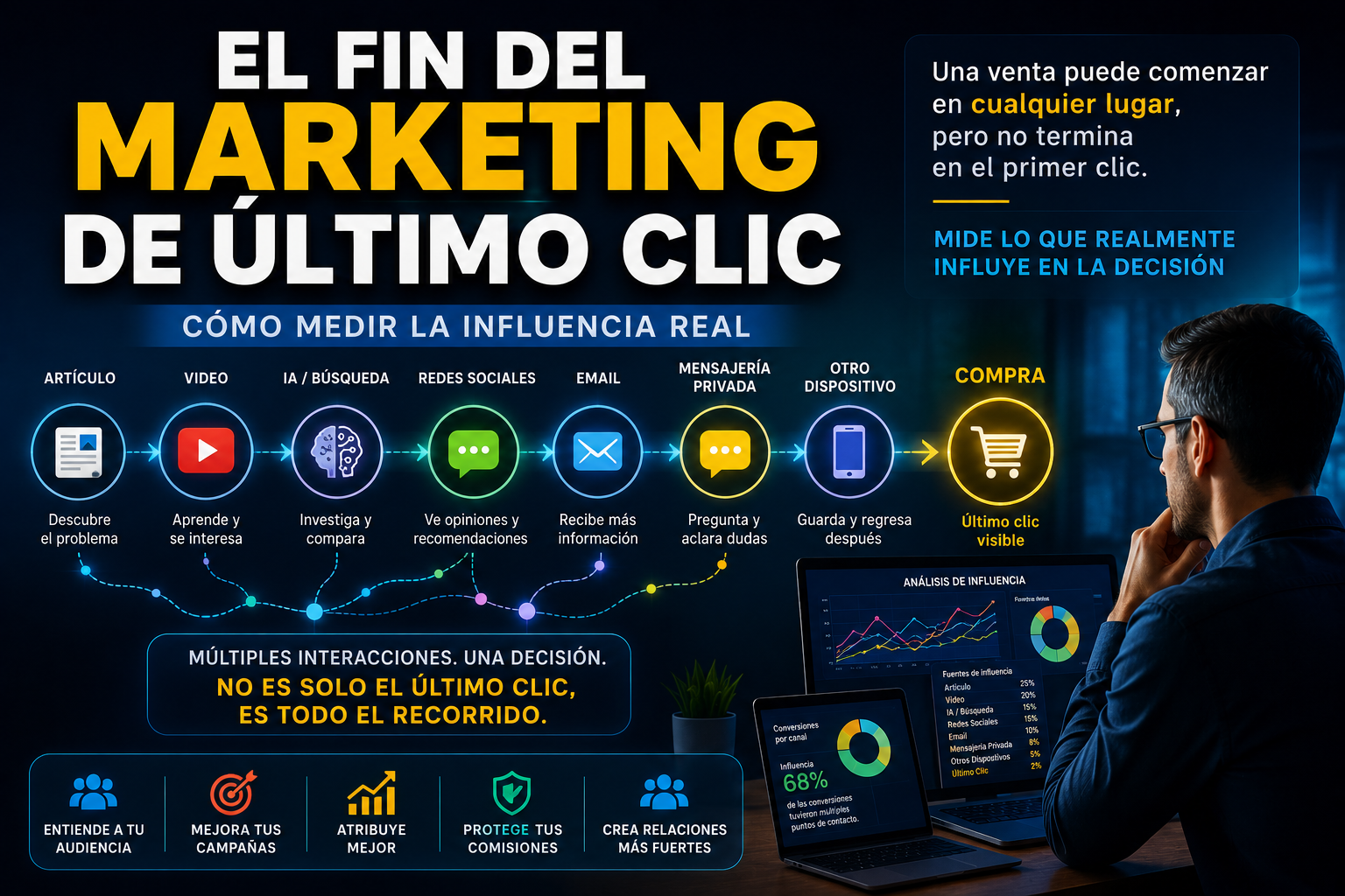 Profesional analizando el recorrido de un prospecto a través de inteligencia artificial, correo electrónico, redes sociales, múltiples dispositivos y conversiones digitales.