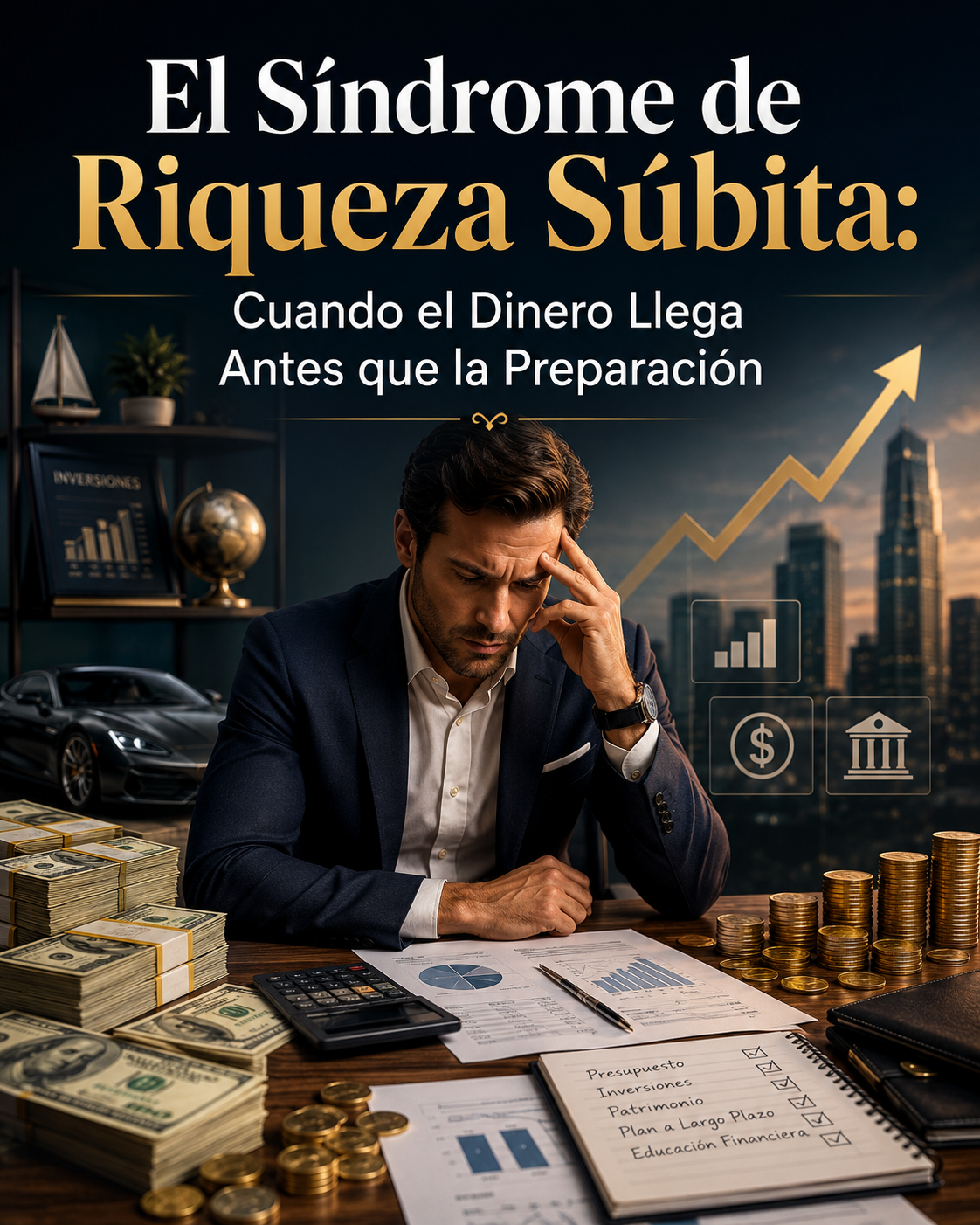 Persona reflexionando sobre cómo administrar una gran cantidad de dinero inesperado mientras evalúa decisiones financieras, inversiones y protección de patrimonio.