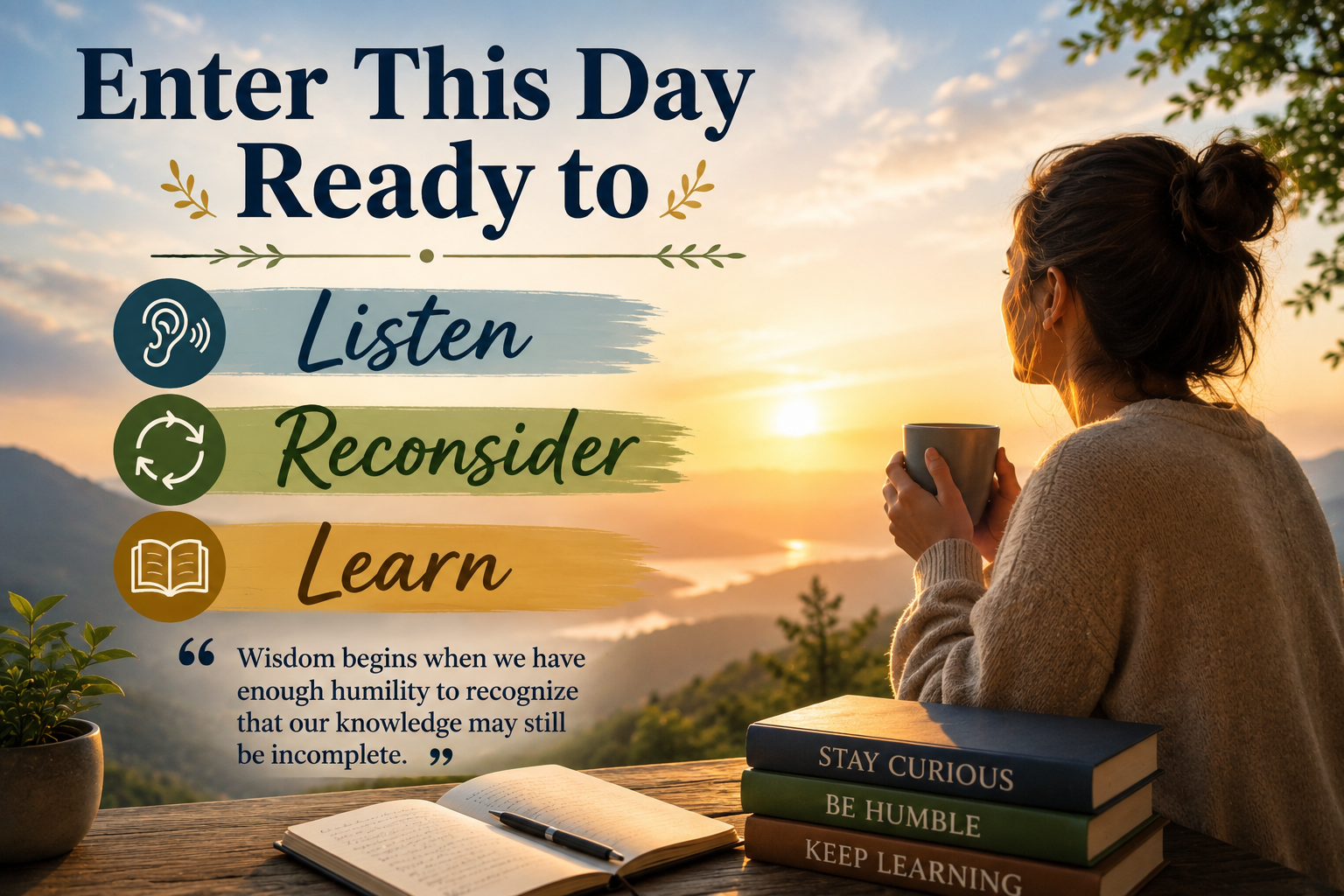 A thoughtful person beginning a new day, symbolizing humility, learning, listening, wisdom, and a willingness to reconsider personal beliefs.