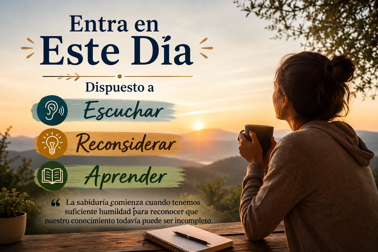 Persona reflexionando al comenzar un nuevo día, representando humildad, aprendizaje, escucha, sabiduría y disposición para reconsiderar sus ideas.