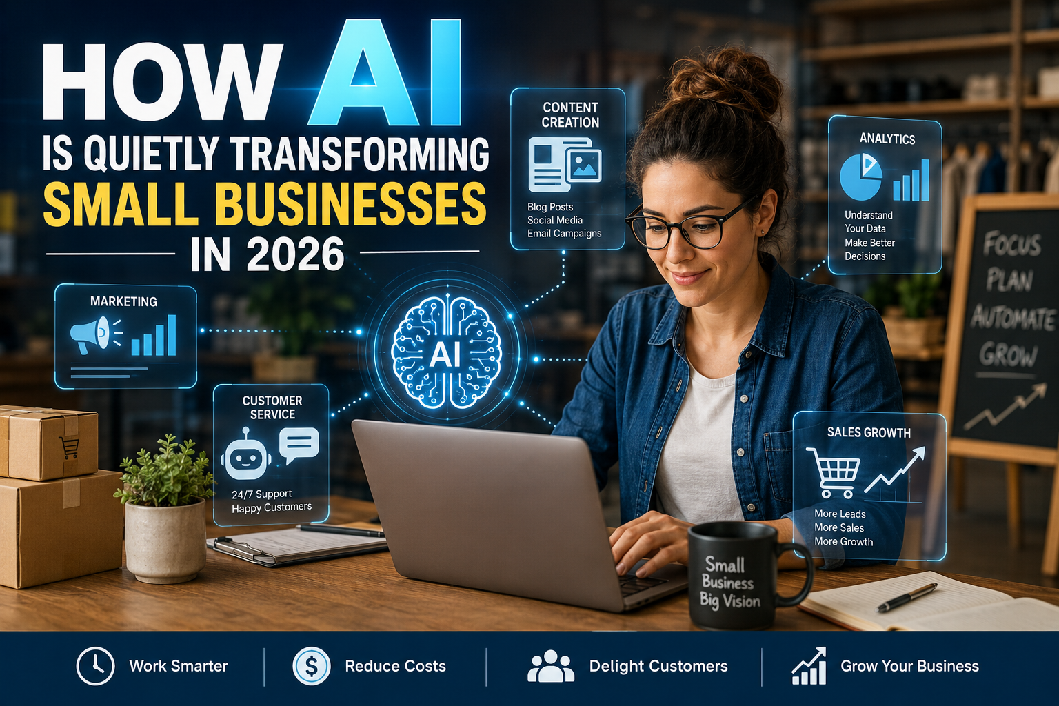 Small-business owner using artificial intelligence tools on a laptop while digital automation, marketing, analytics, customer service, and AI technology symbols appear around the workspace.