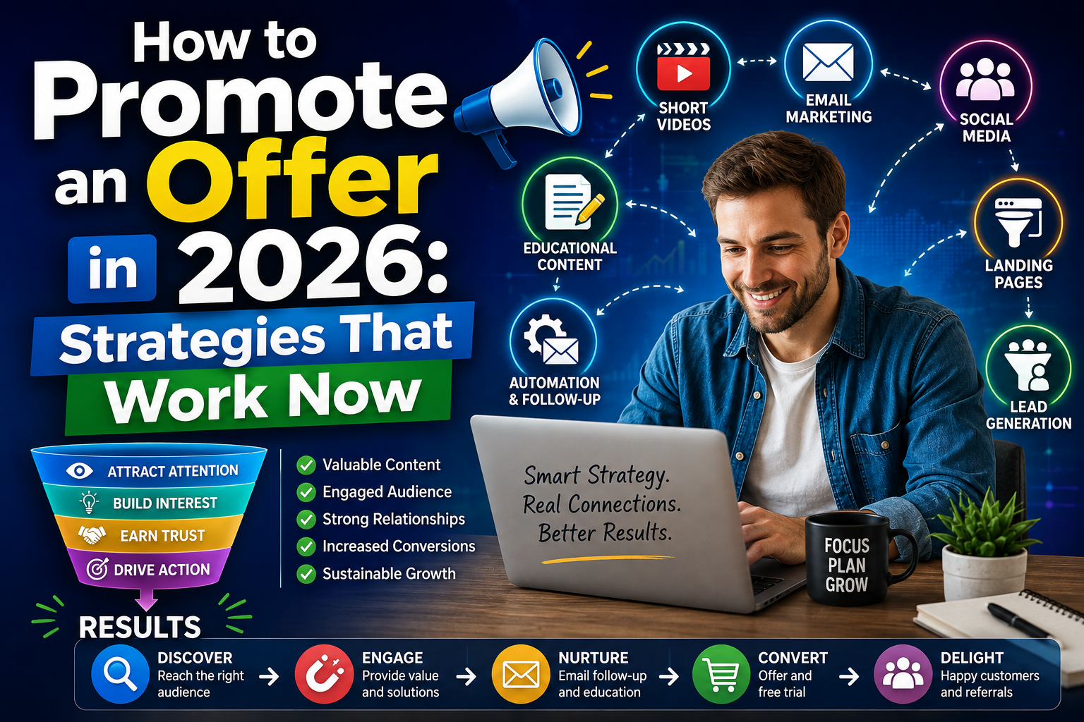 Person using digital marketing strategies to promote an offer through video, email, educational content, social media, and lead generation.