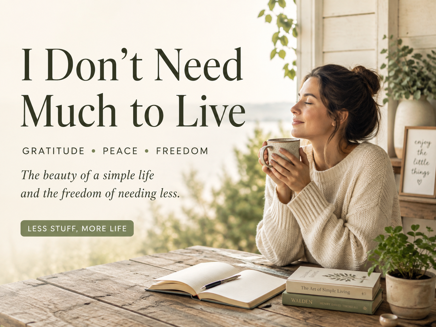 Person enjoying a peaceful and simple lifestyle, representing the idea of needing less in order to live with greater freedom, gratitude, and purpose.