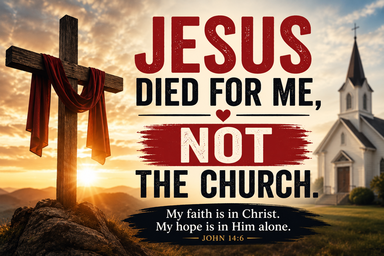Christian inspirational image expressing the truth that Jesus Christ died for us and should remain the center of our faith above leaders, institutions, and denominations.