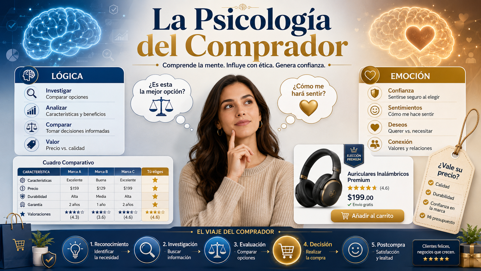Ilustración educativa de un comprador evaluando emociones, necesidades, confianza, precio y beneficios antes de tomar una decisión de compra.