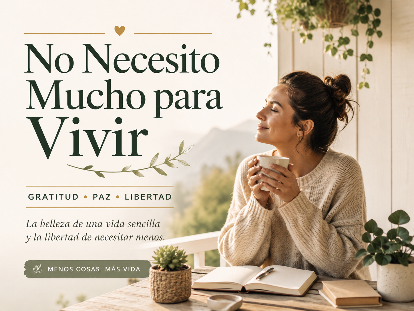Persona disfrutando de una vida sencilla y tranquila, representando la idea de necesitar menos para vivir con mayor libertad, gratitud y propósito.
