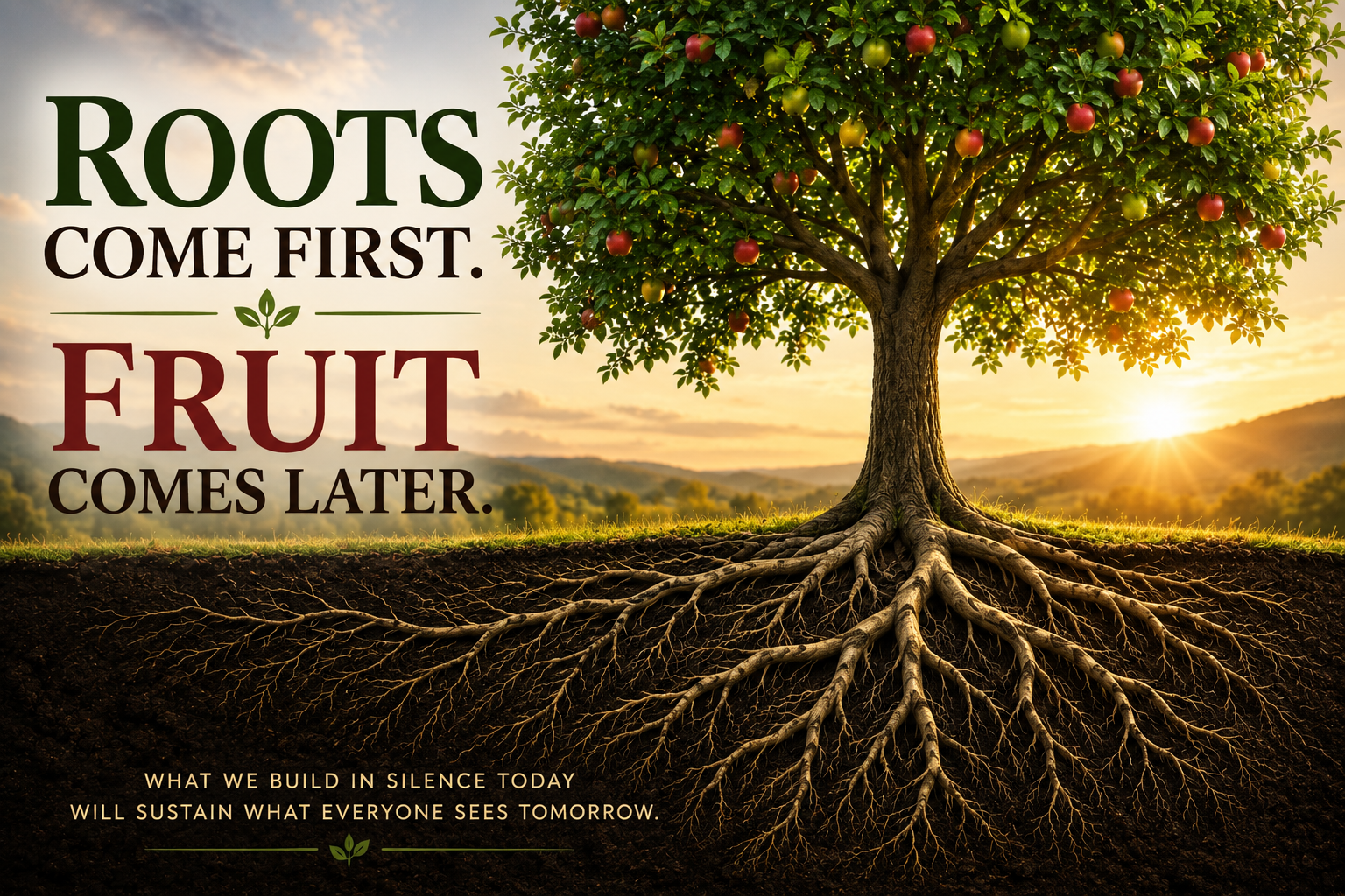 Strong tree with deep visible roots and fruit growing on its branches, symbolizing how character, faith, discipline, and preparation come before lasting results.