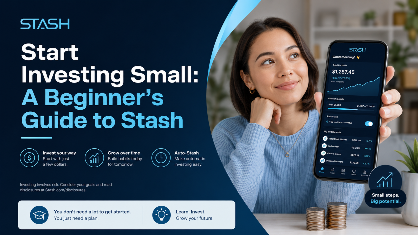 Beginner investor using a mobile investing app while learning how to start investing with small amounts through Stash.