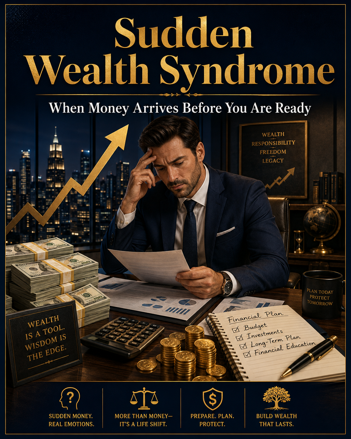 Person thoughtfully considering how to manage a large unexpected financial windfall while reviewing investments, financial planning, and wealth protection.