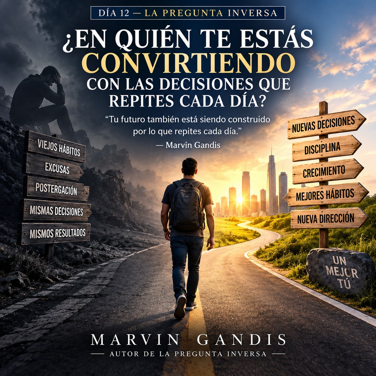 La Pregunta Inversa Día 12 — una persona avanzando hacia una nueva versión de sí misma mientras sus decisiones y hábitos diarios determinan el camino.