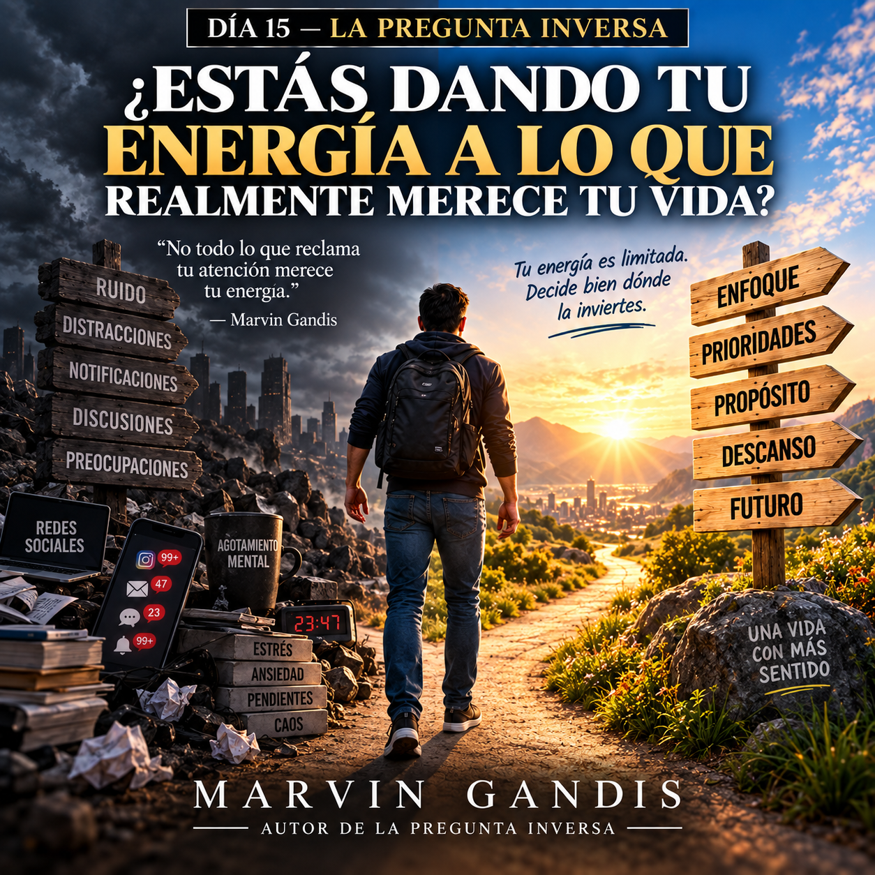 La Pregunta Inversa Día 15, una persona protegiendo su energía y eligiendo prioridades mientras deja atrás distracciones y ruido.
