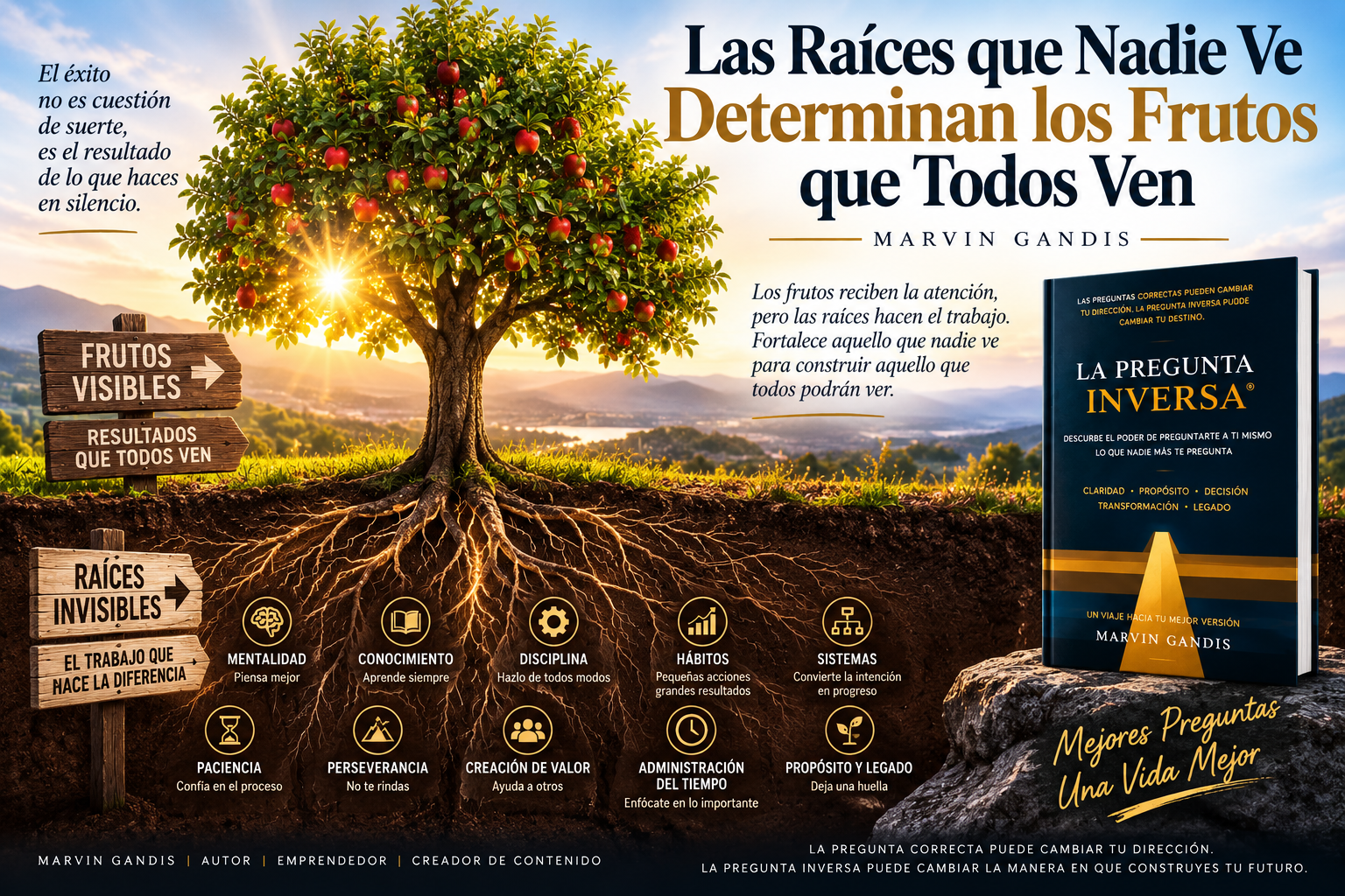 Las raíces que nadie ve determinan los frutos que todos ven, reflexión de Marvin Gandis sobre disciplina, hábitos, sistemas y perseverancia.