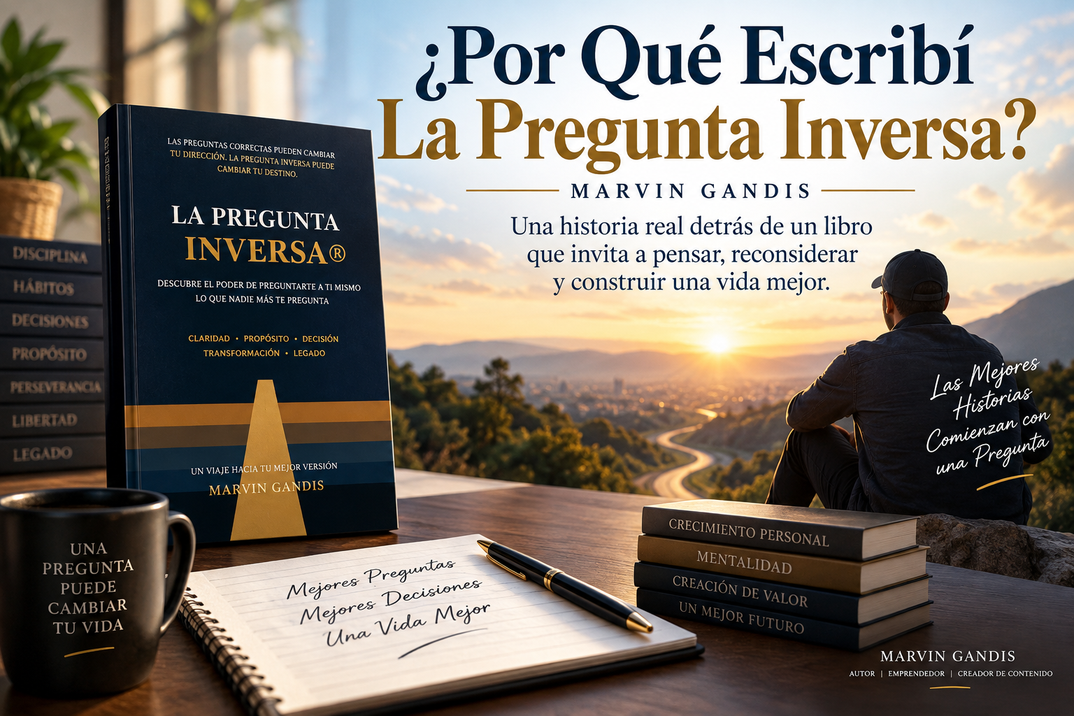 Imagen de lanzamiento de La Pregunta Inversa, libro de Marvin Gandis sobre mejores preguntas, decisiones, crecimiento personal, propósito y legado.