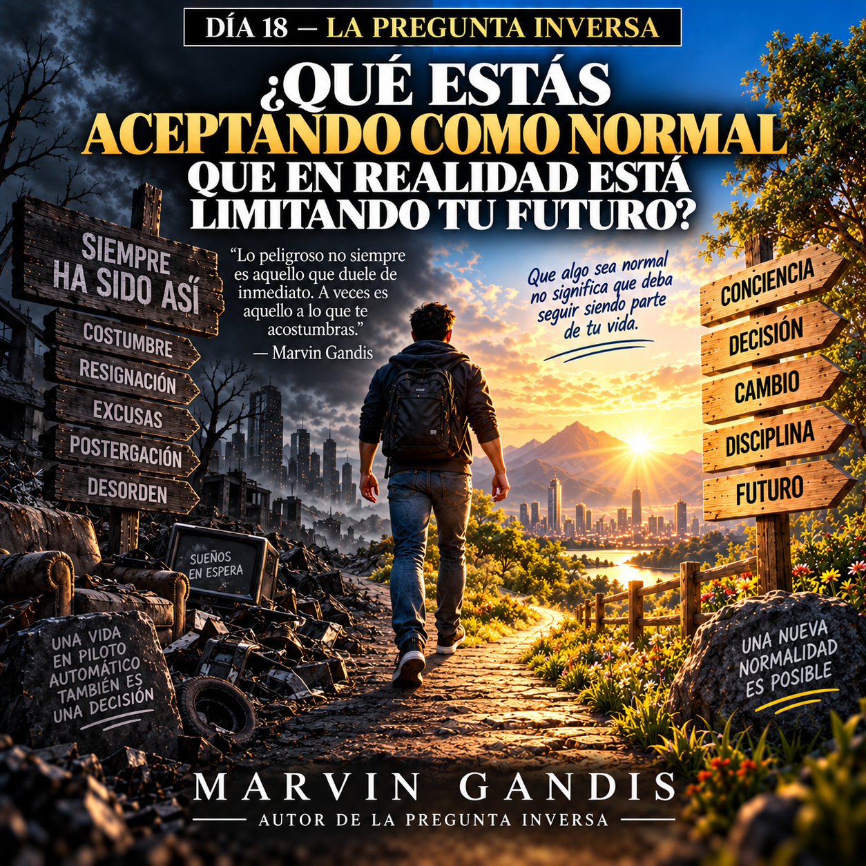 La Pregunta Inversa Día 18, una persona cuestionando hábitos y situaciones normalizadas mientras elige un camino hacia una nueva realidad y un futuro diferente.