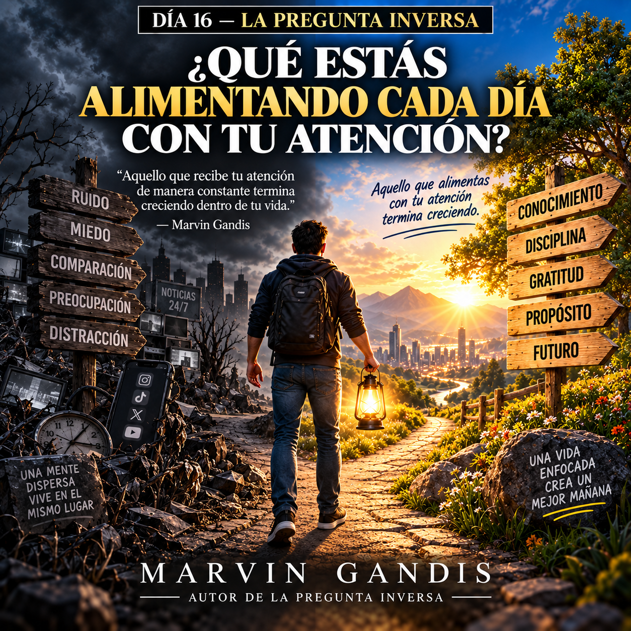La Pregunta Inversa Día 16, una persona eligiendo dónde colocar su atención entre distracciones y pensamientos negativos o crecimiento, conocimiento, propósito y futuro.