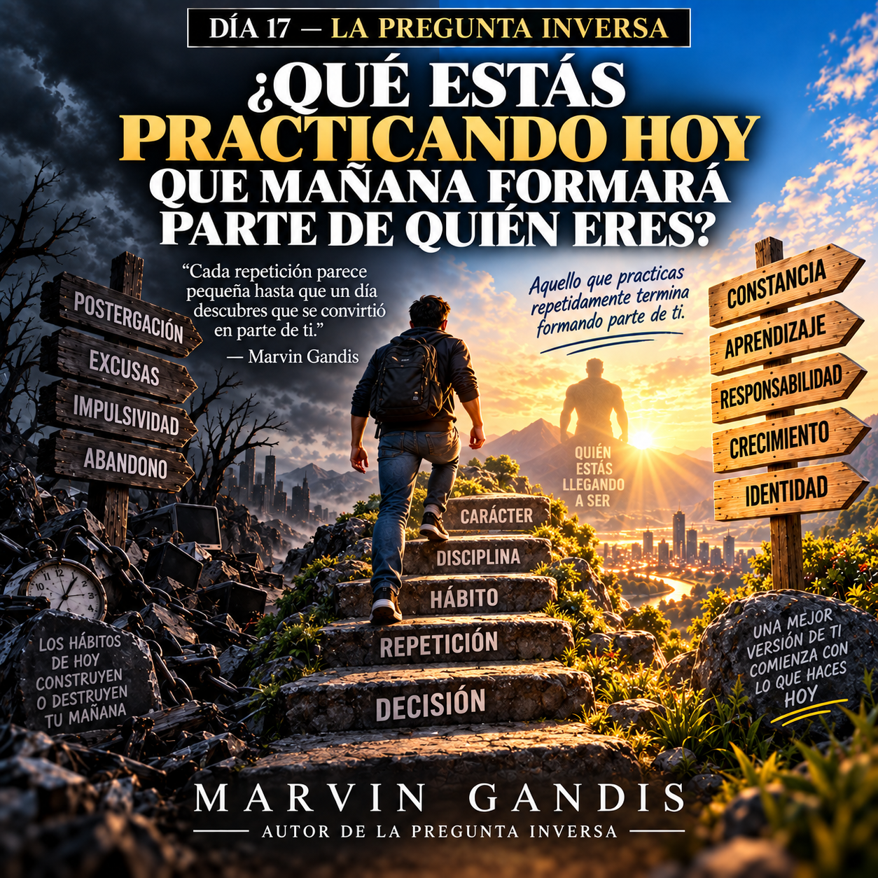 La Pregunta Inversa Día 17, una persona avanzando mientras sus hábitos diarios forman gradualmente una versión futura más disciplinada y consciente de sí misma.