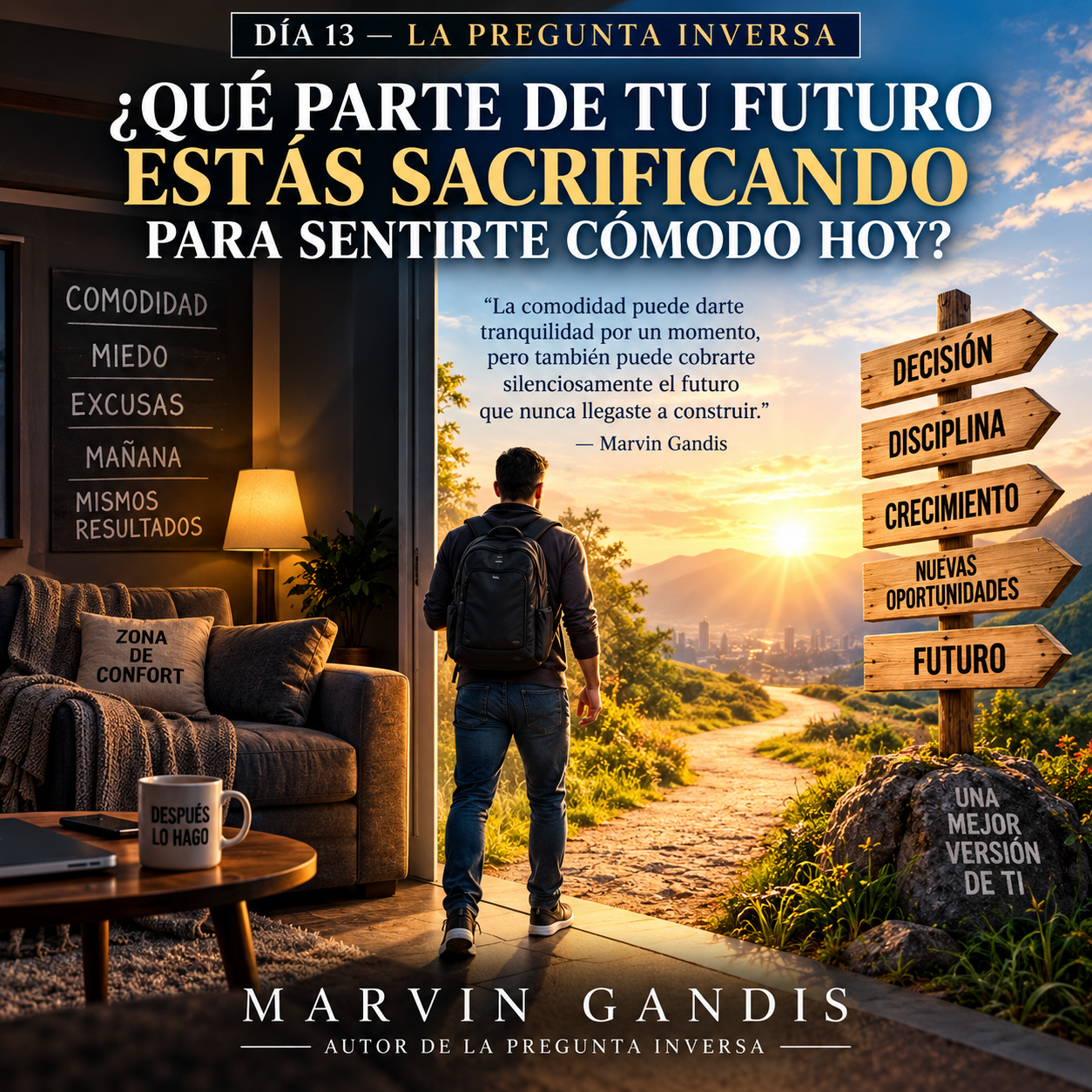 La Pregunta Inversa Día 13, una persona dejando una zona cómoda para avanzar hacia un camino iluminado que simboliza crecimiento, decisiones y futuro.