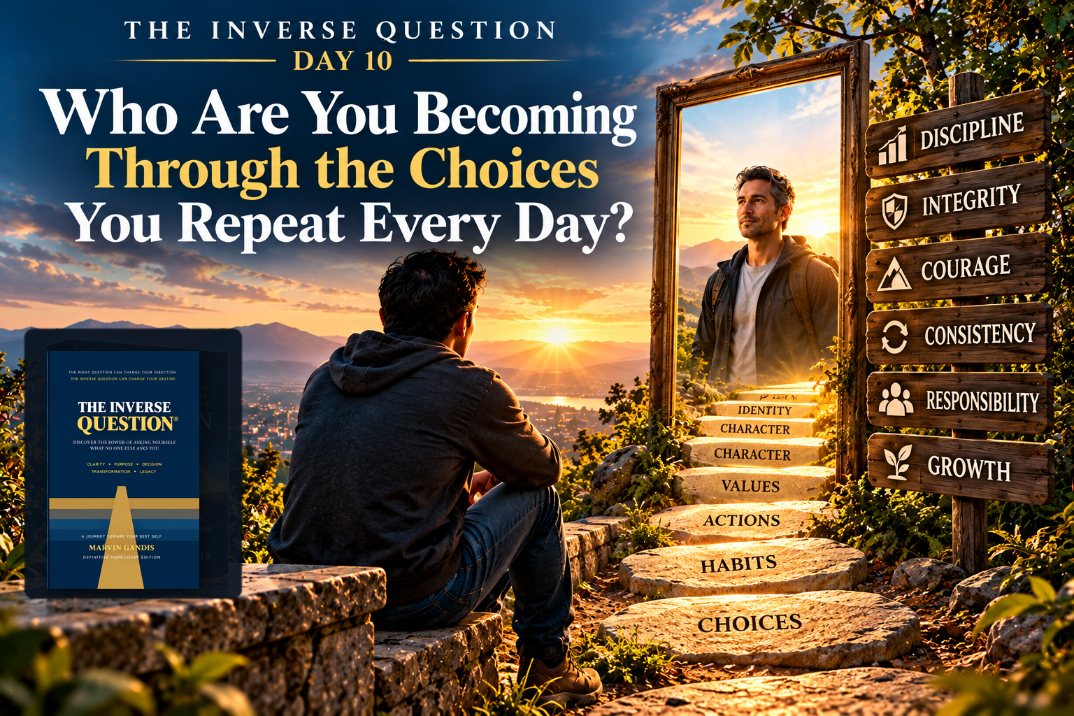 The Inverse Question Day 10 by Marvin Gandis, illustrating how repeated choices and daily habits gradually shape identity, character, discipline, and the person we become.