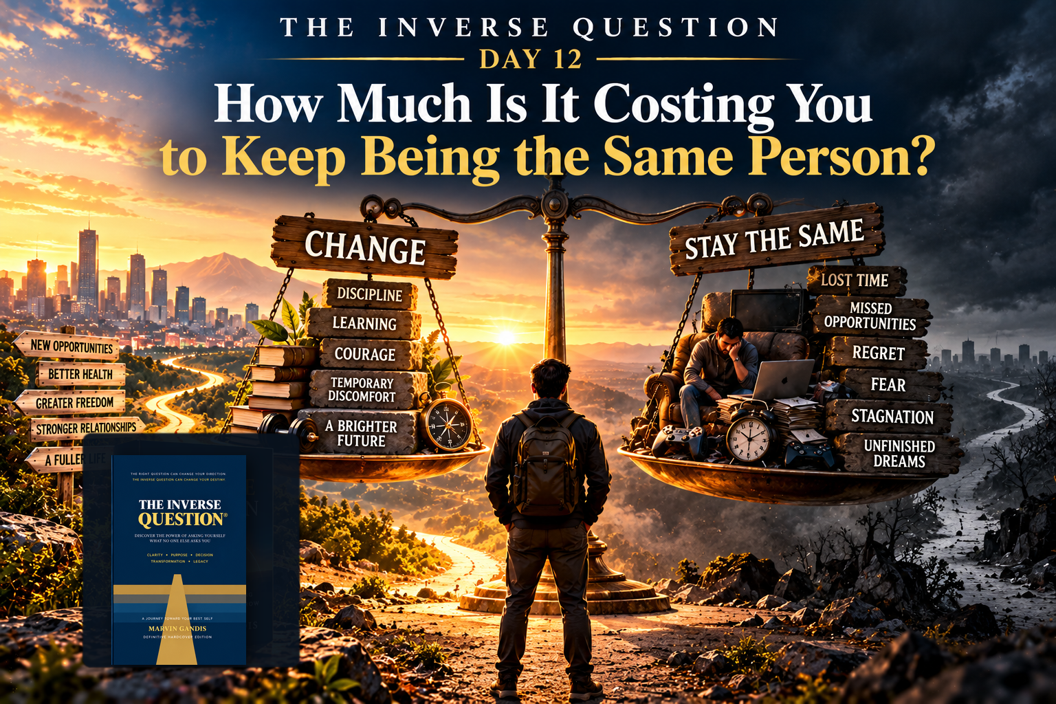 The Inverse Question Day 12 by Marvin Gandis, illustrating the hidden cost of staying the same through lost opportunities, delayed growth, time, fear, and repeated habits.