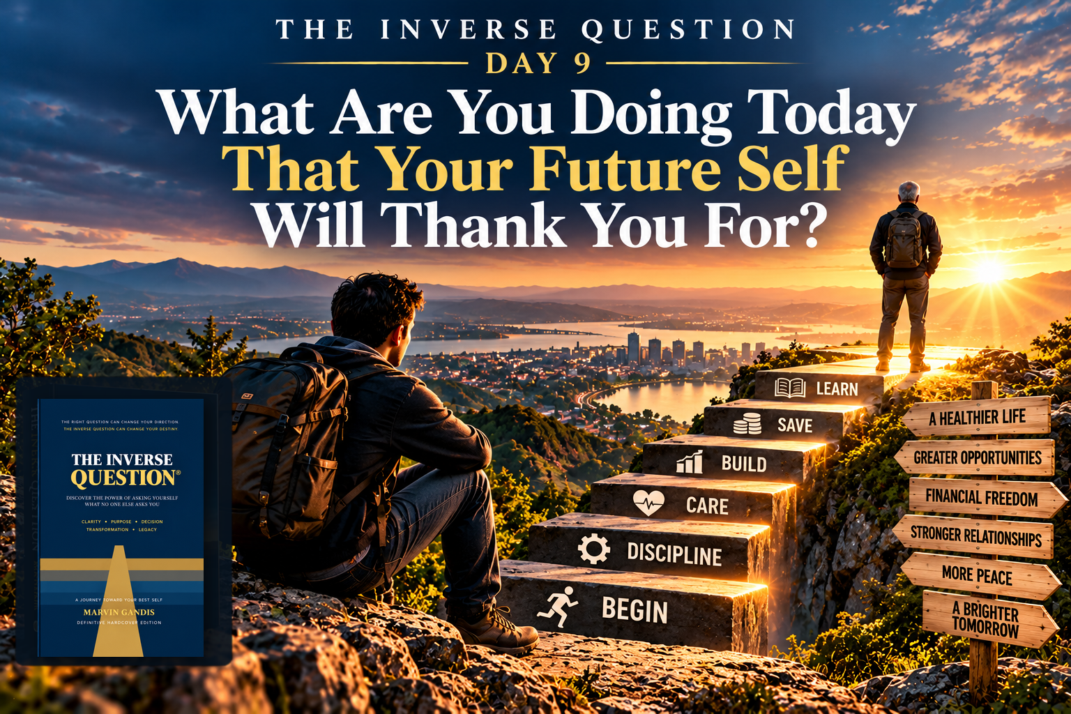 The Inverse Question Day 9 by Marvin Gandis, illustrating how today’s habits, discipline, preparation, and decisions can create a stronger future.