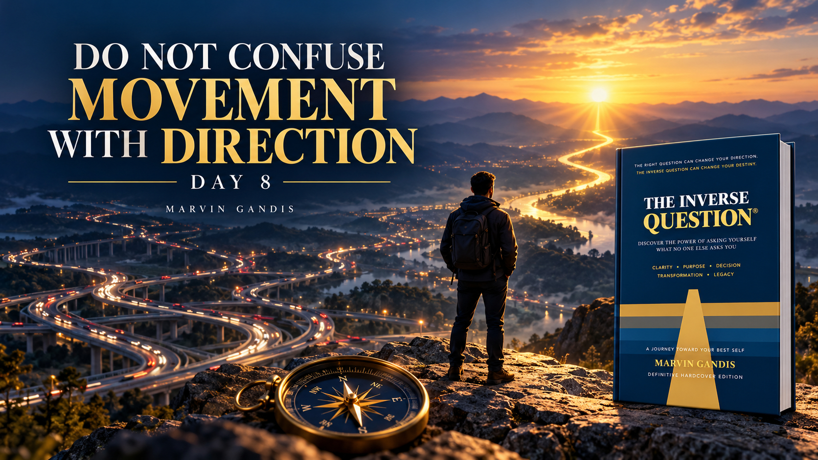 The Inverse Question Day 8 by Marvin Gandis, illustrating the difference between constant movement and intentional direction toward a meaningful destination.