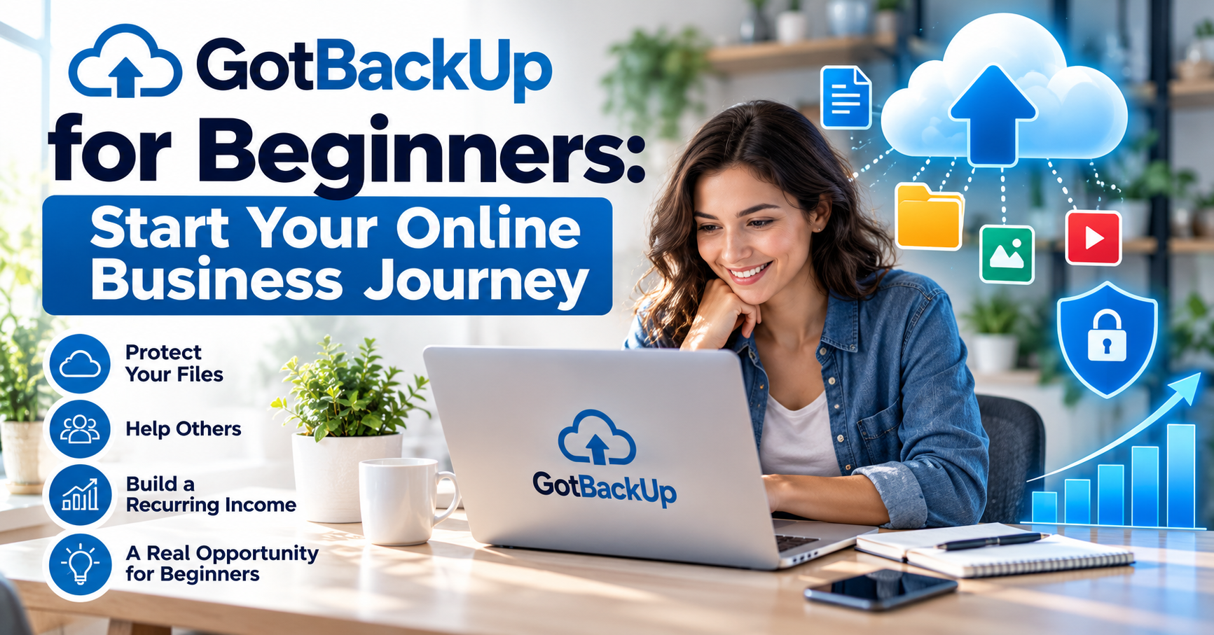 Beginner exploring GotBackUp cloud backup services and an online reseller opportunity on a laptop