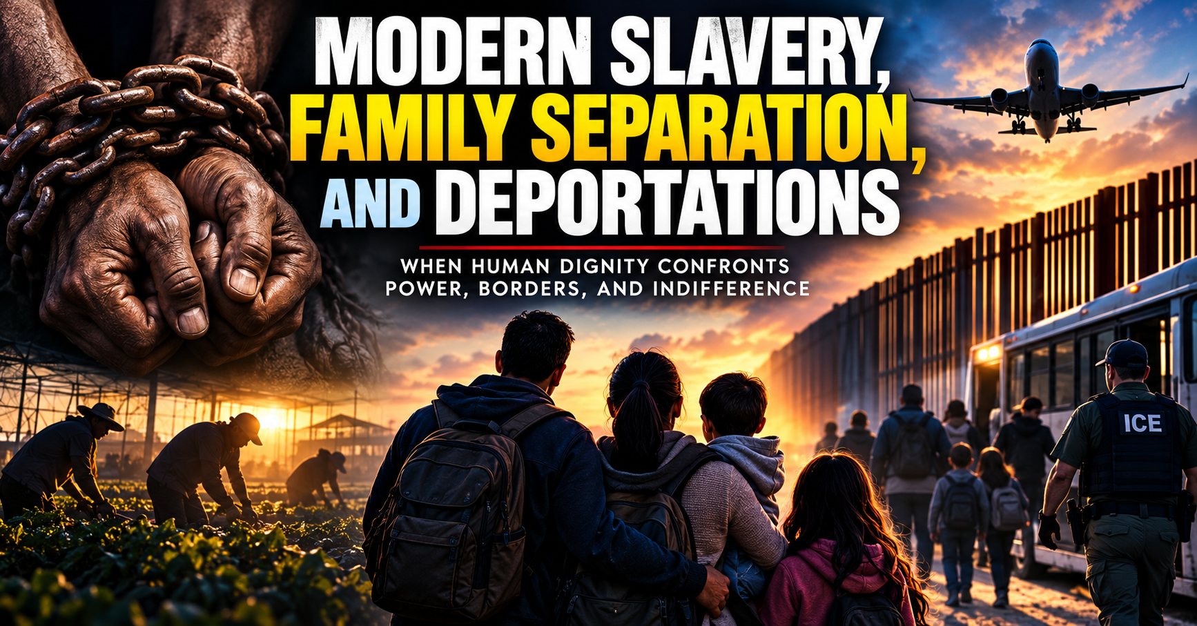 Conceptual illustration of a family separated by a barrier, representing the human consequences of migration and deportation.