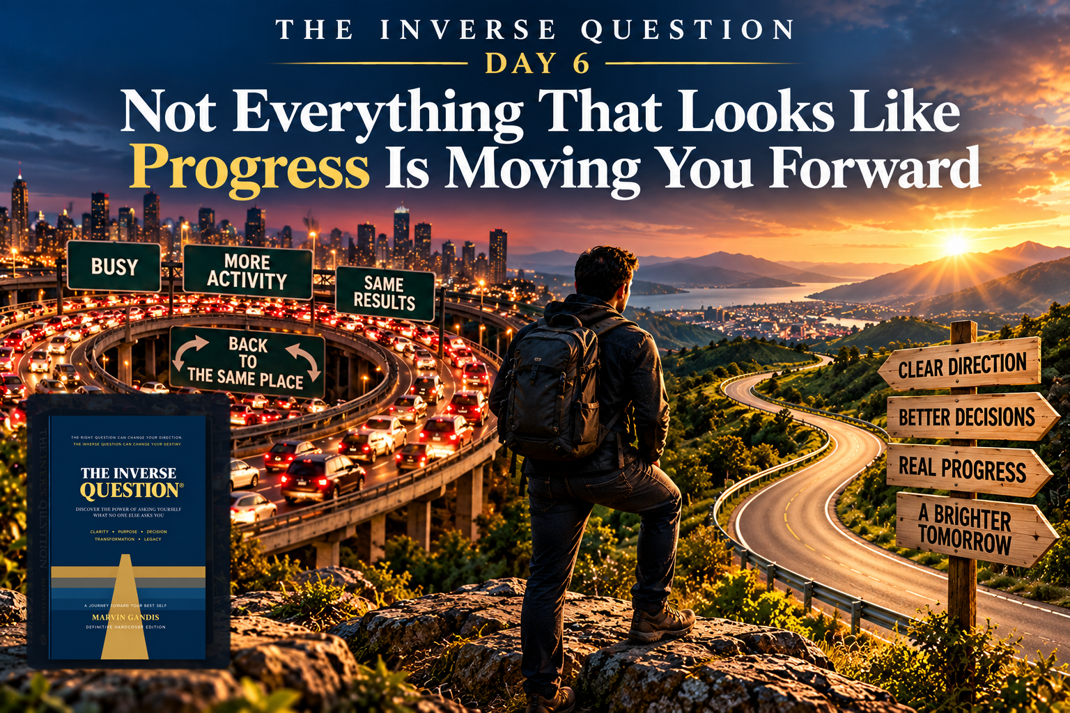 The Inverse Question Day 6 by Marvin Gandis, illustrating the difference between movement, busyness, and meaningful progress toward the right destination.