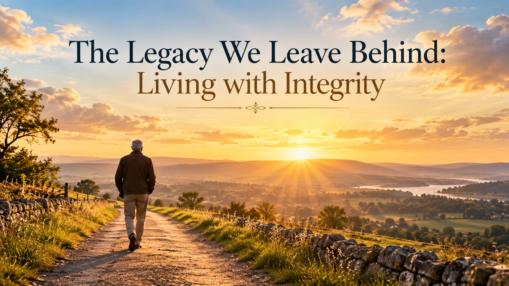 A person walking toward the sunrise on a peaceful pathway, symbolizing personal legacy and a life guided by integrity.