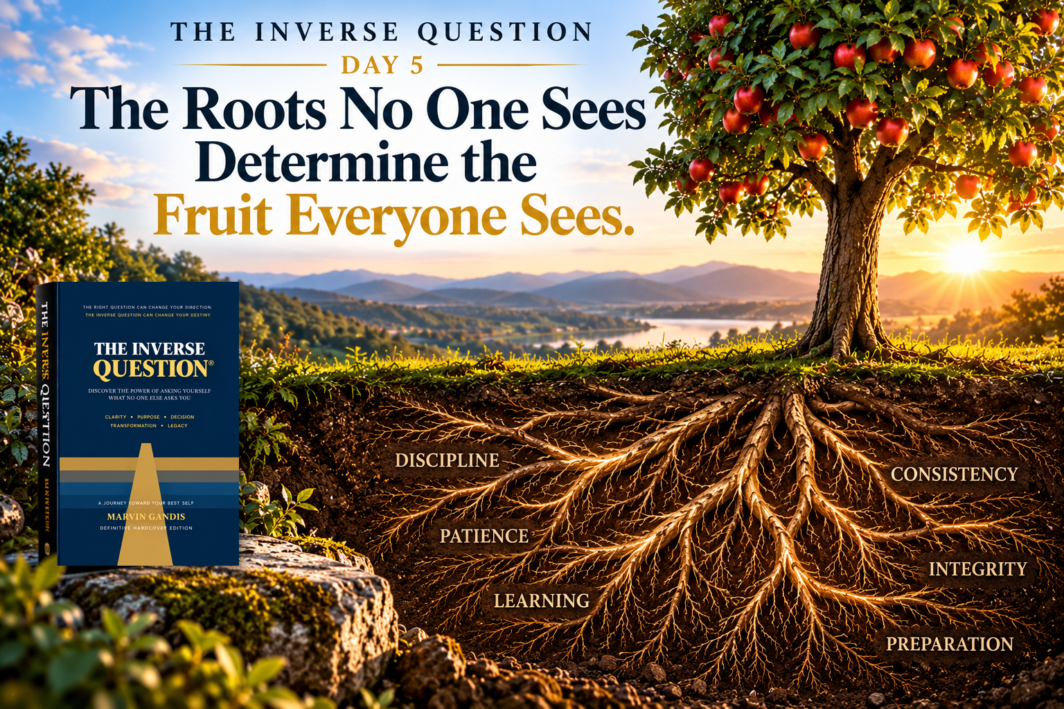 The Inverse Question Day 5 by Marvin Gandis, illustrating how invisible roots such as discipline, habits, patience, and preparation create visible results.