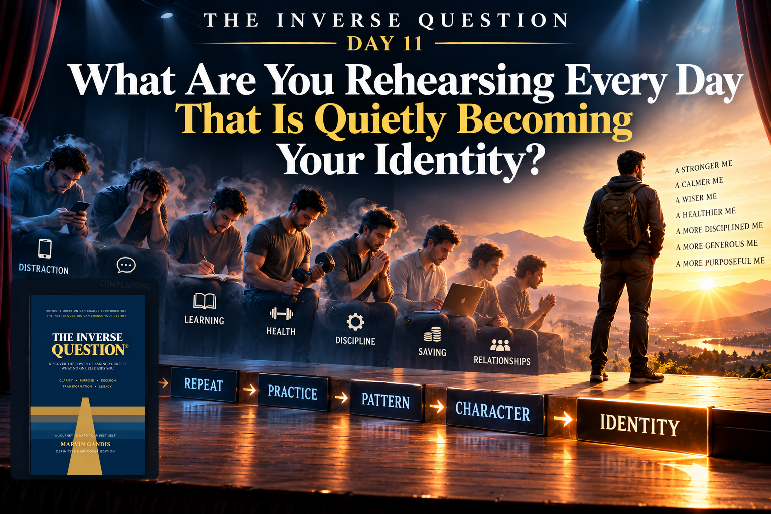 The Inverse Question Day 11 by Marvin Gandis, illustrating how repeated thoughts, reactions, habits, and choices become rehearsals that gradually shape identity.
