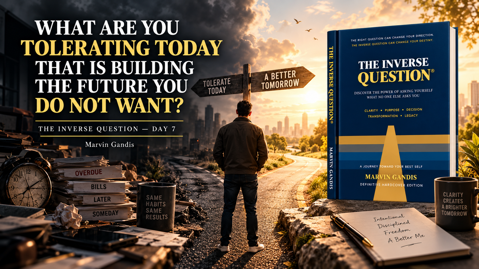 The Inverse Question Day 7 by Marvin Gandis, illustrating how tolerated habits, weak boundaries, repeated choices, and delayed decisions can shape an unwanted future.